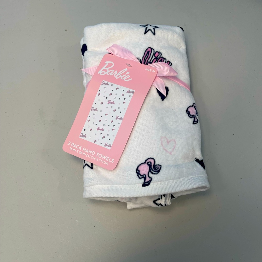 Barbie hand towels 2 pack new pink white logo Stars hearts